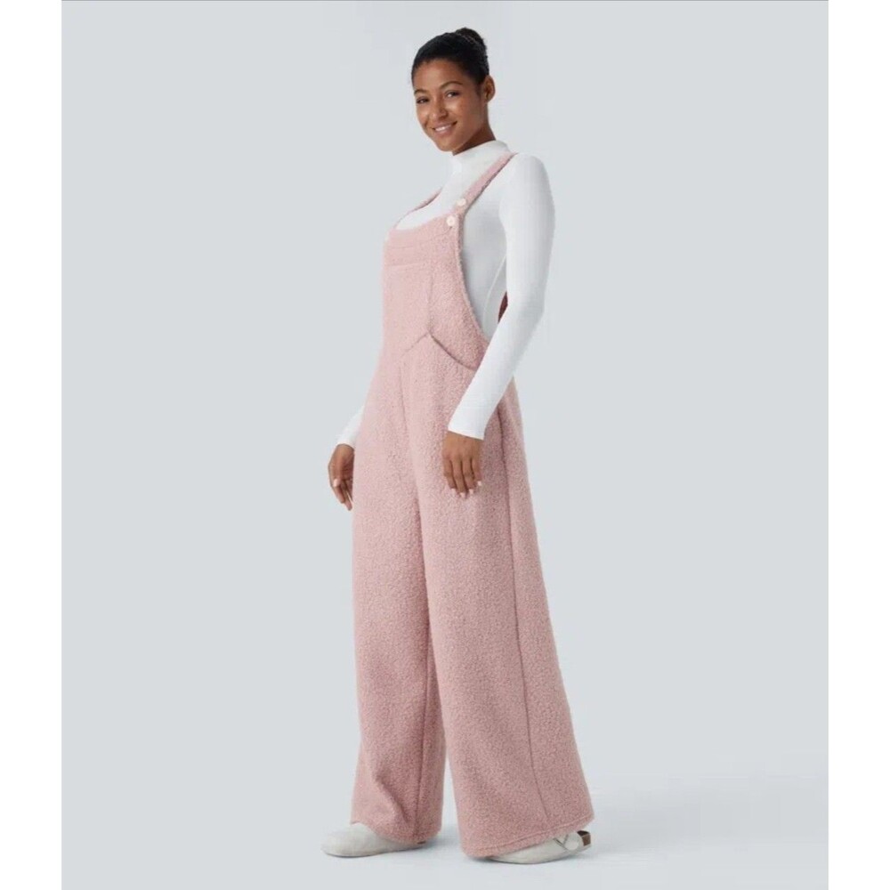 Halara Pocket Teddy Overalls XL Reg Wide Leg Pink Lounge Cozy Gorp Granola